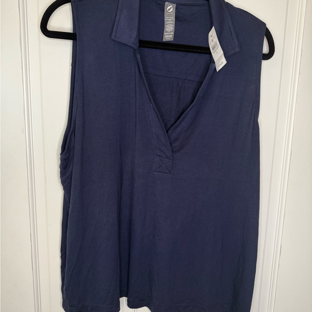 NWT Lou & Grey Signaturesoft Sleeveless Split Neck Top Deep Space Blue Sz XL - Picture 2 of 6